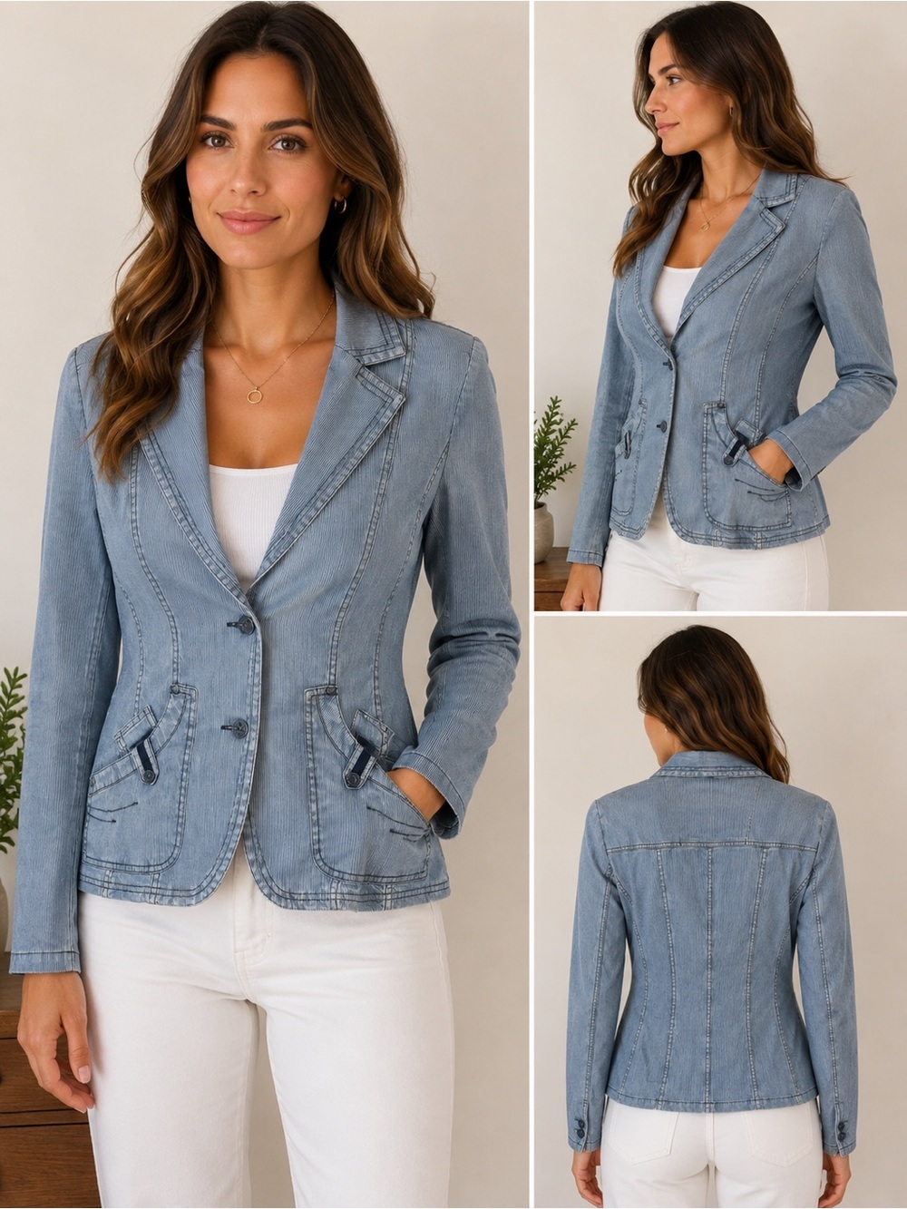 Bianca Sailing Club Striped Denim Blazer Nautical Fitted Jacket US 6